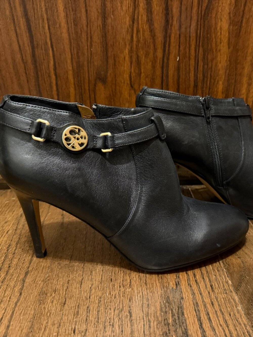Coach Salene Black Leather Ankle Booties Gold Logo 9.5